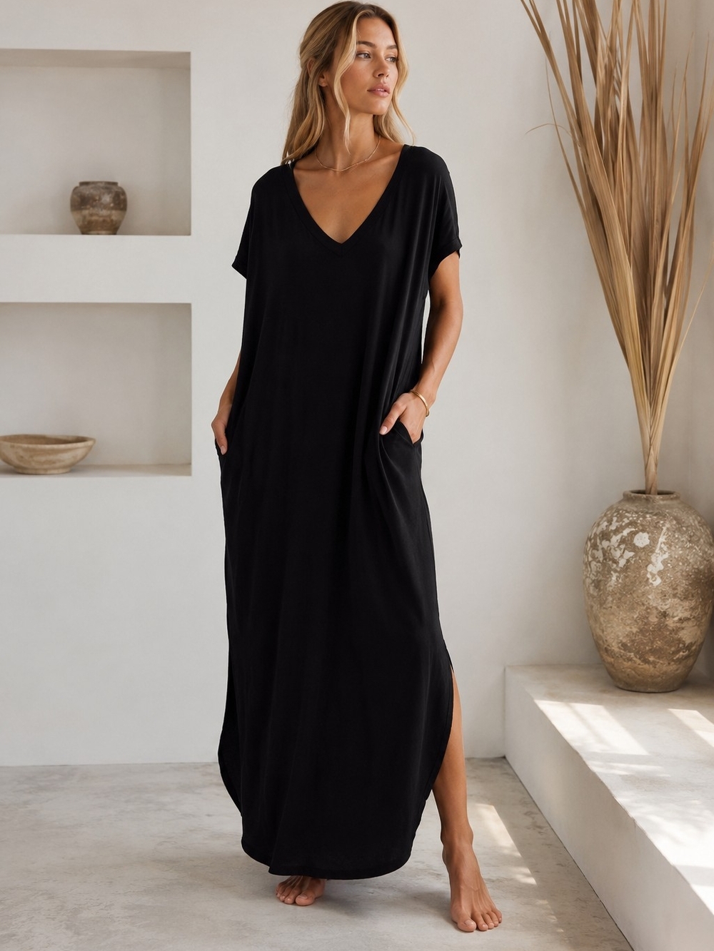 Love Kuza Black Minimalist Maxi Dress L Lounge Caftan Pocket Dress